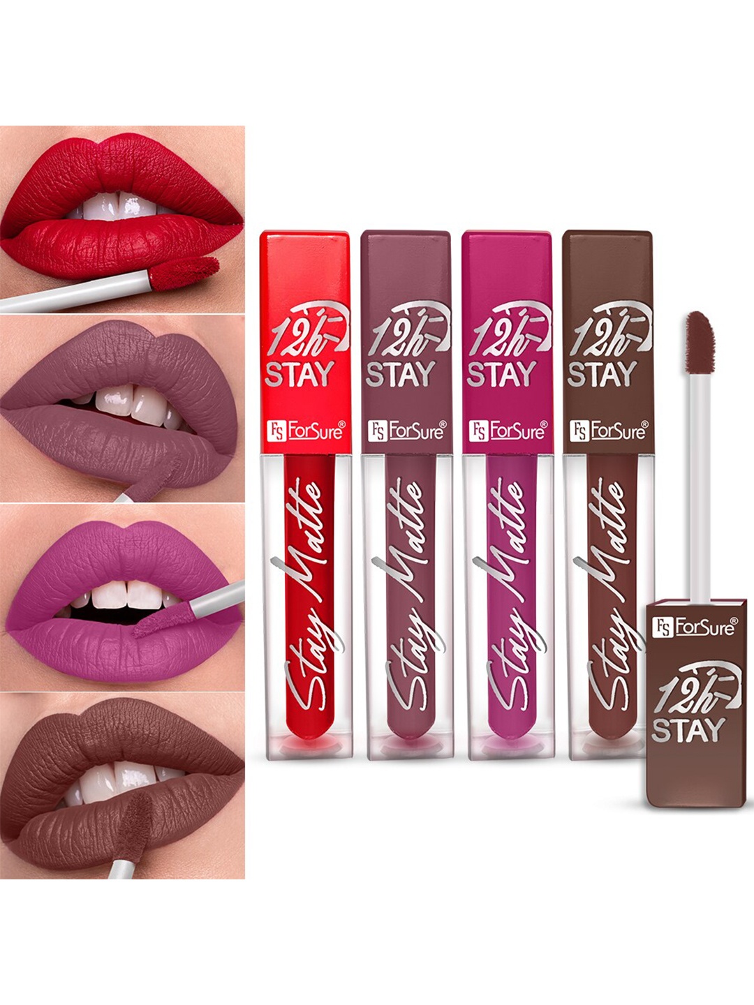 

ForSure Stay Matte Set Of 4 Non-Transfer Waterproof Long-last Liquid Matte Mini Lipstick 2.5 ml Each, Red