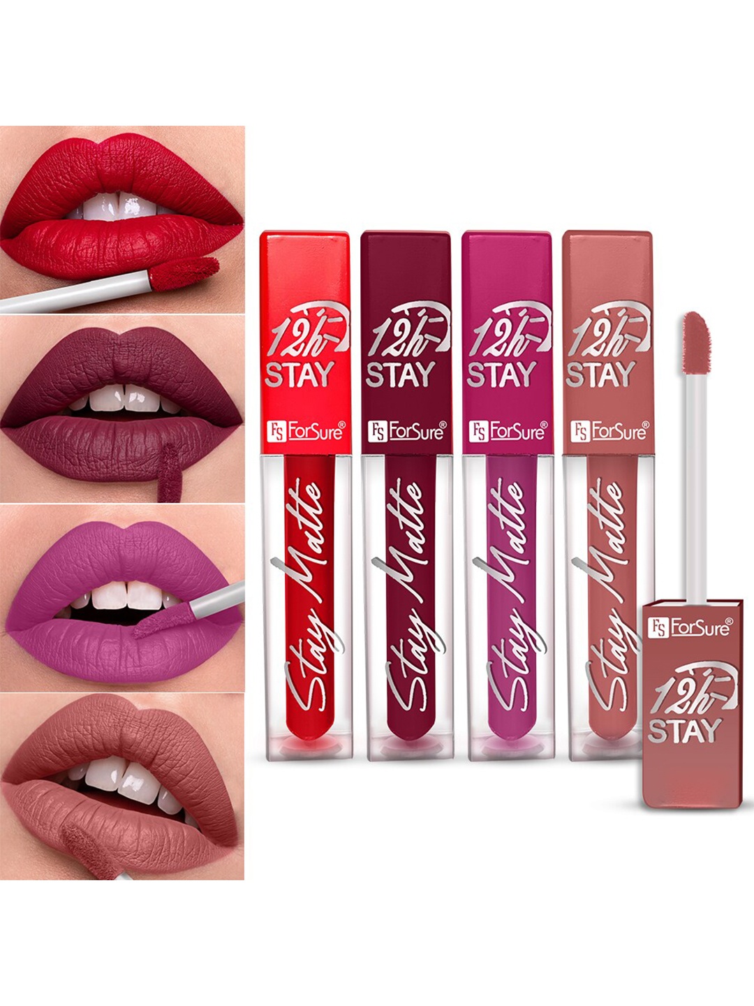 

ForSure Stay Matte Set Of 4 Non-Transfer Waterproof Long-Last Liquid Matte Mini Lipstick 2.5 ml Each, Red