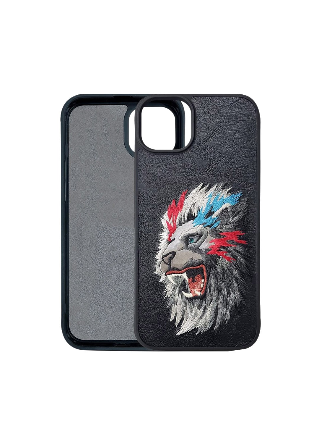 

TREEMODA Textured Leather iPhone 14PLUS Embroided Back Case, Black