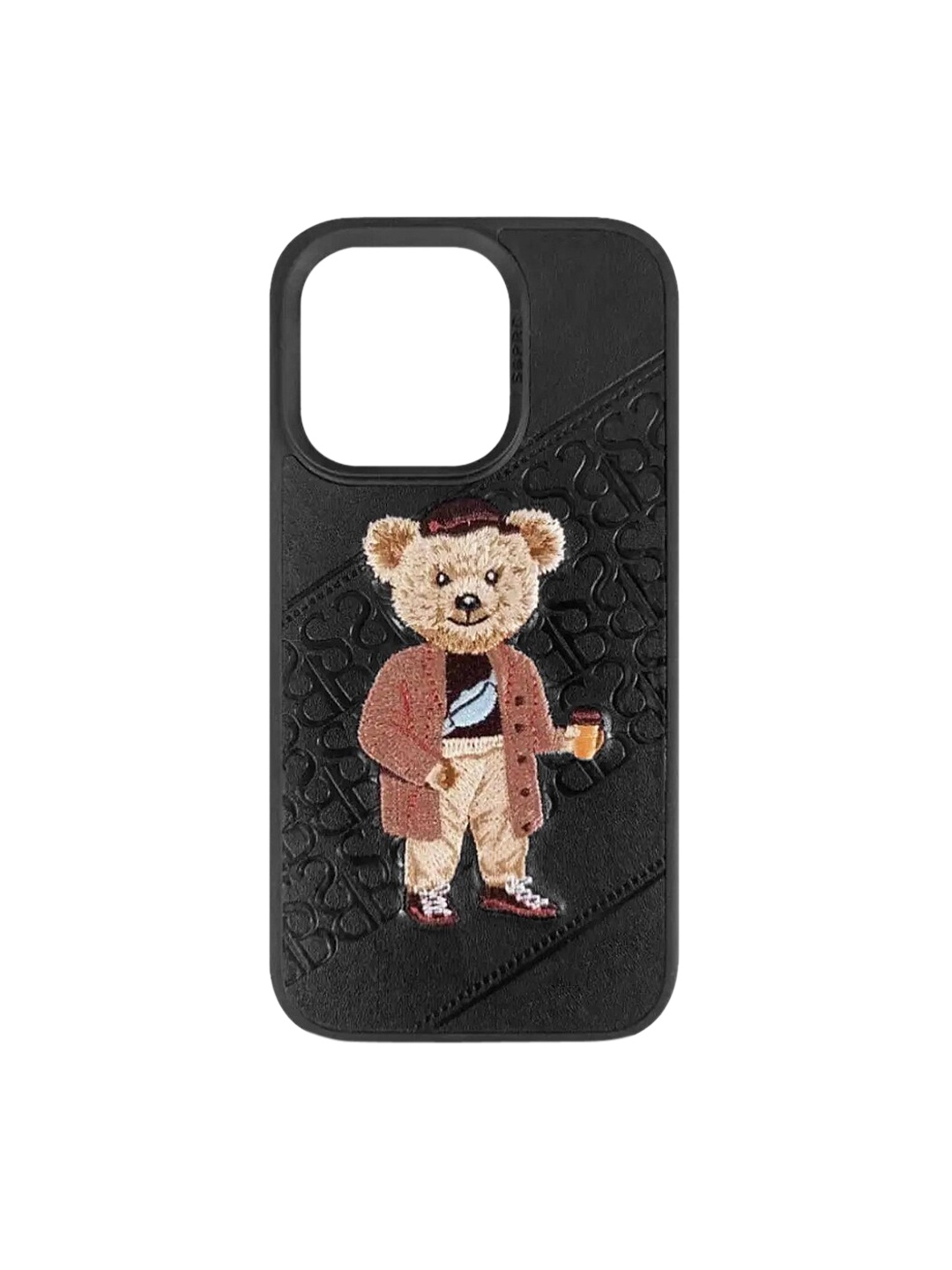 

TREEMODA Embroidered Leather SB Bear Series iPhone 14 Pro Back Case, Black