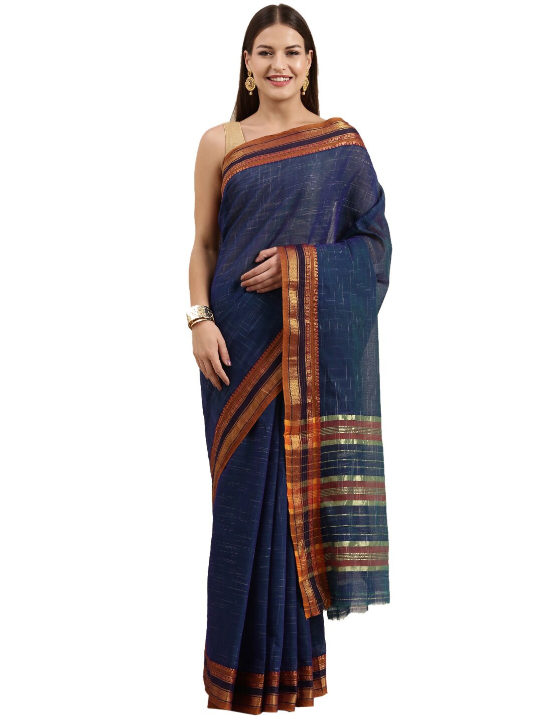 

KALINI Navy Checked Pure Cotton Paithani Saree, Navy blue
