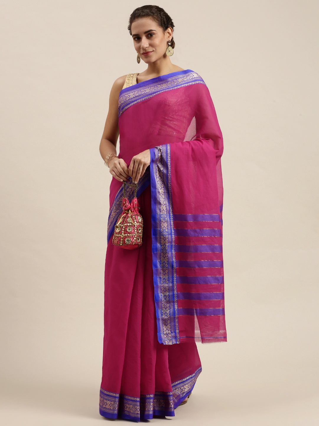 

KALINI Zari Pure Cotton Venkatgiri Saree, Pink