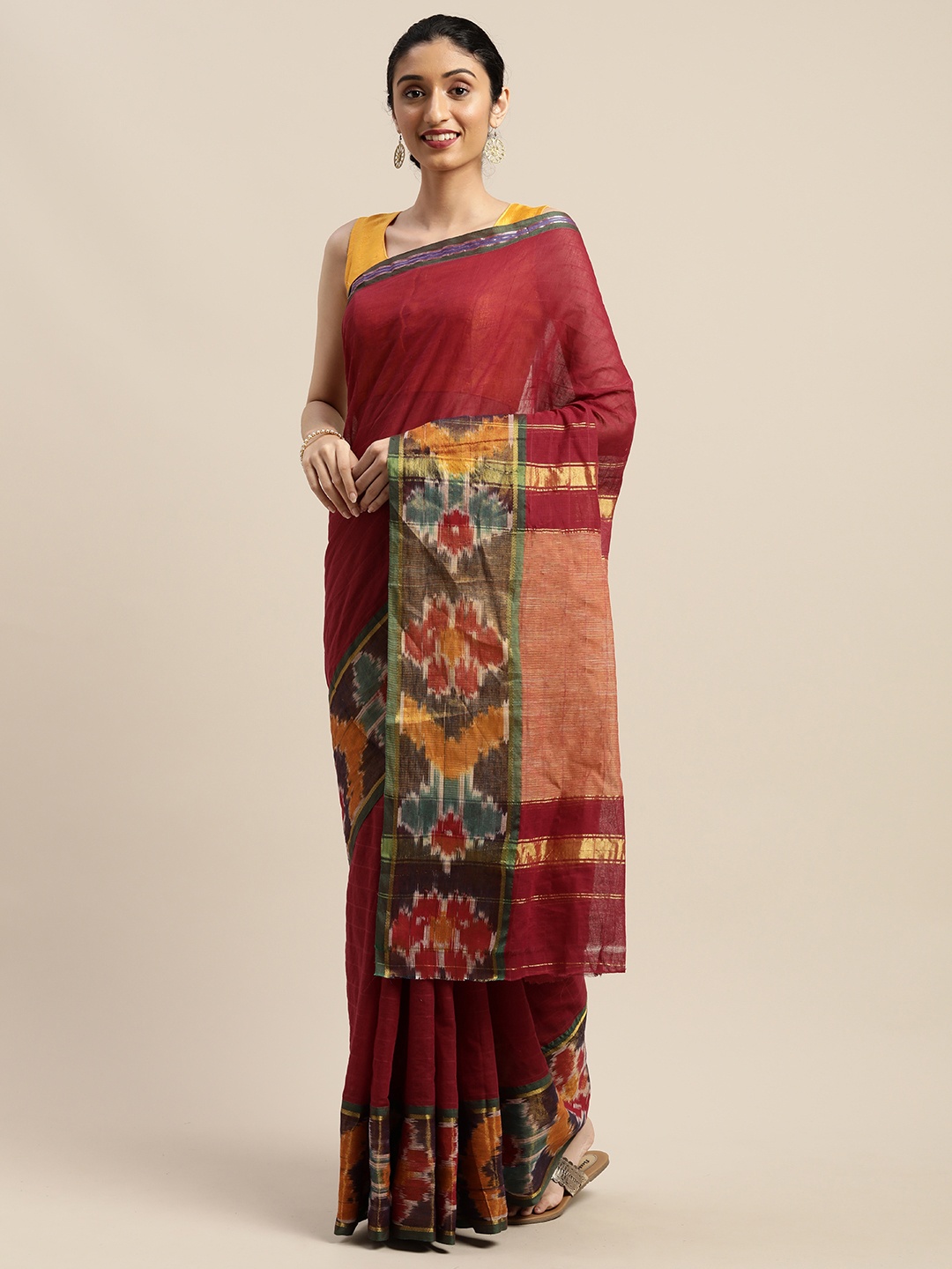 

KALINI Zari Pure Cotton Pochampally Saree, Maroon