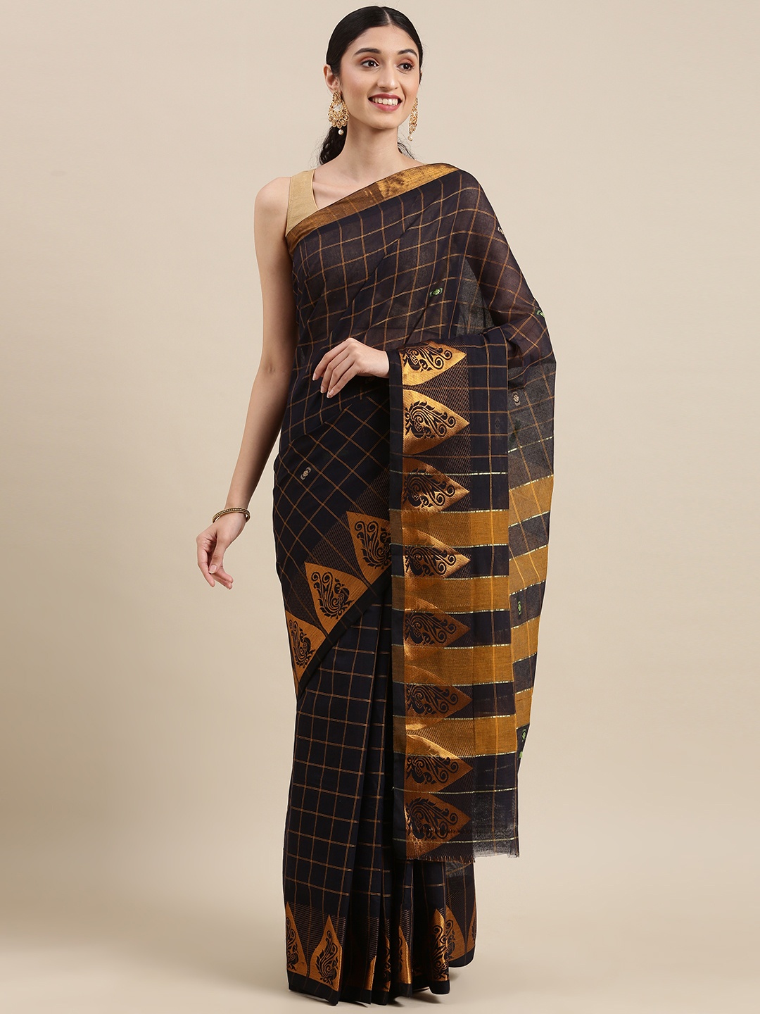 

KALINI Checked Zari Pure Cotton Narayan Peth Saree, Navy blue
