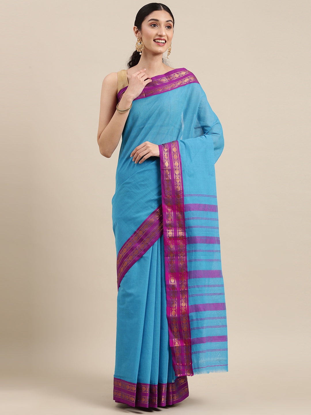 

KALINI Zari Pure Cotton Chanderi Saree, Blue