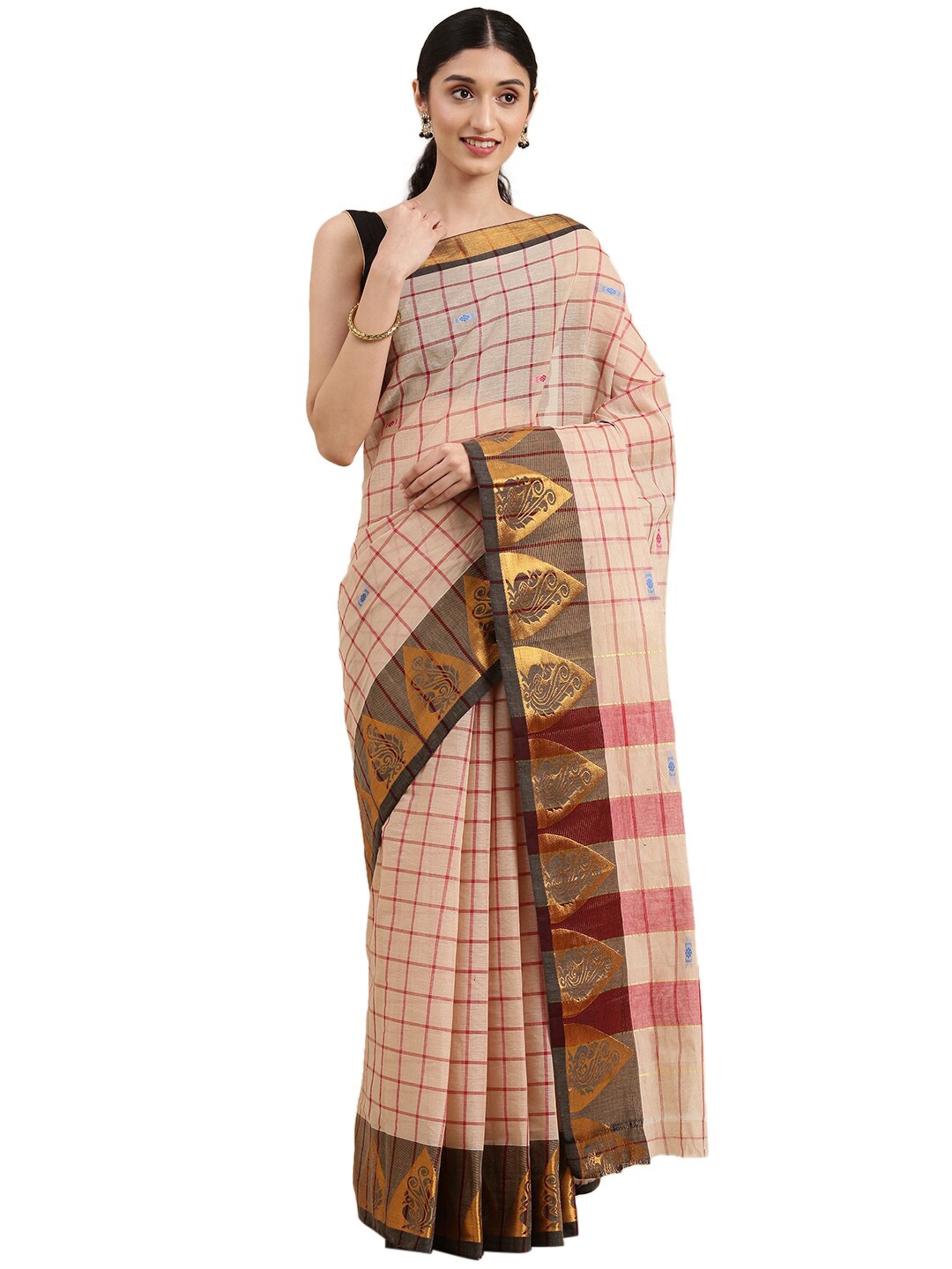 

KALINI Checked Pure Cotton Narayan Peth Saree, Beige