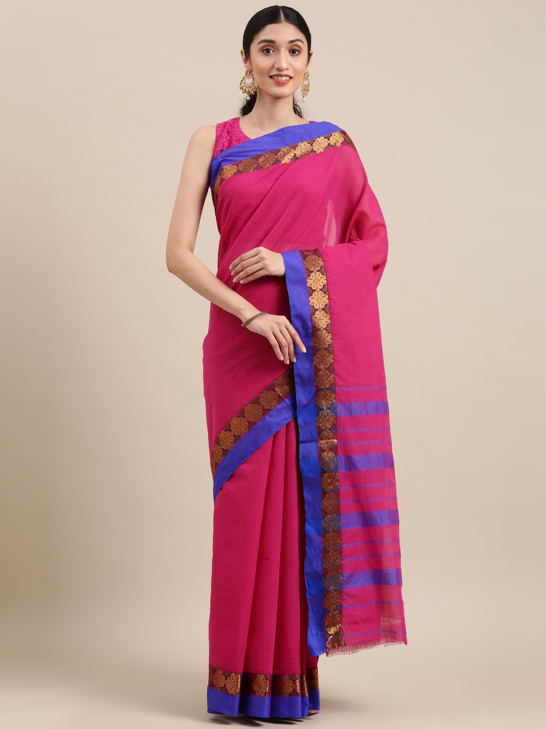 

KALINI Zari Pure Cotton Chanderi Saree, Pink