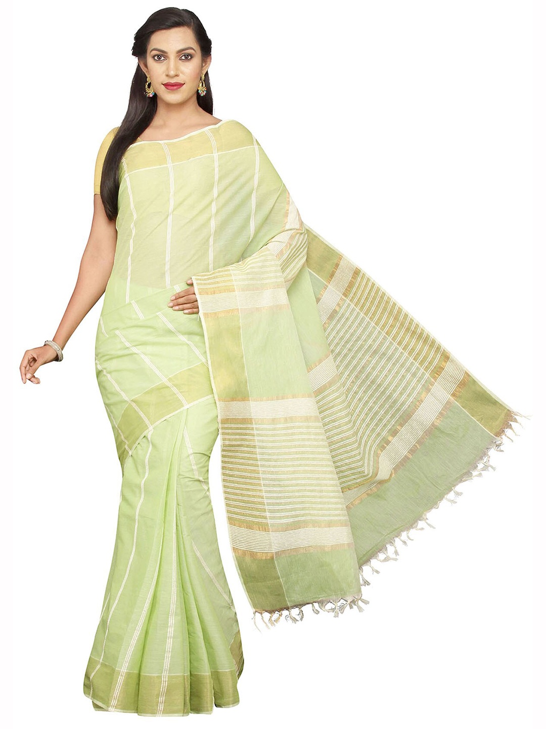

KALINI Striped Zari Pure Cotton Gadwal Saree, Green