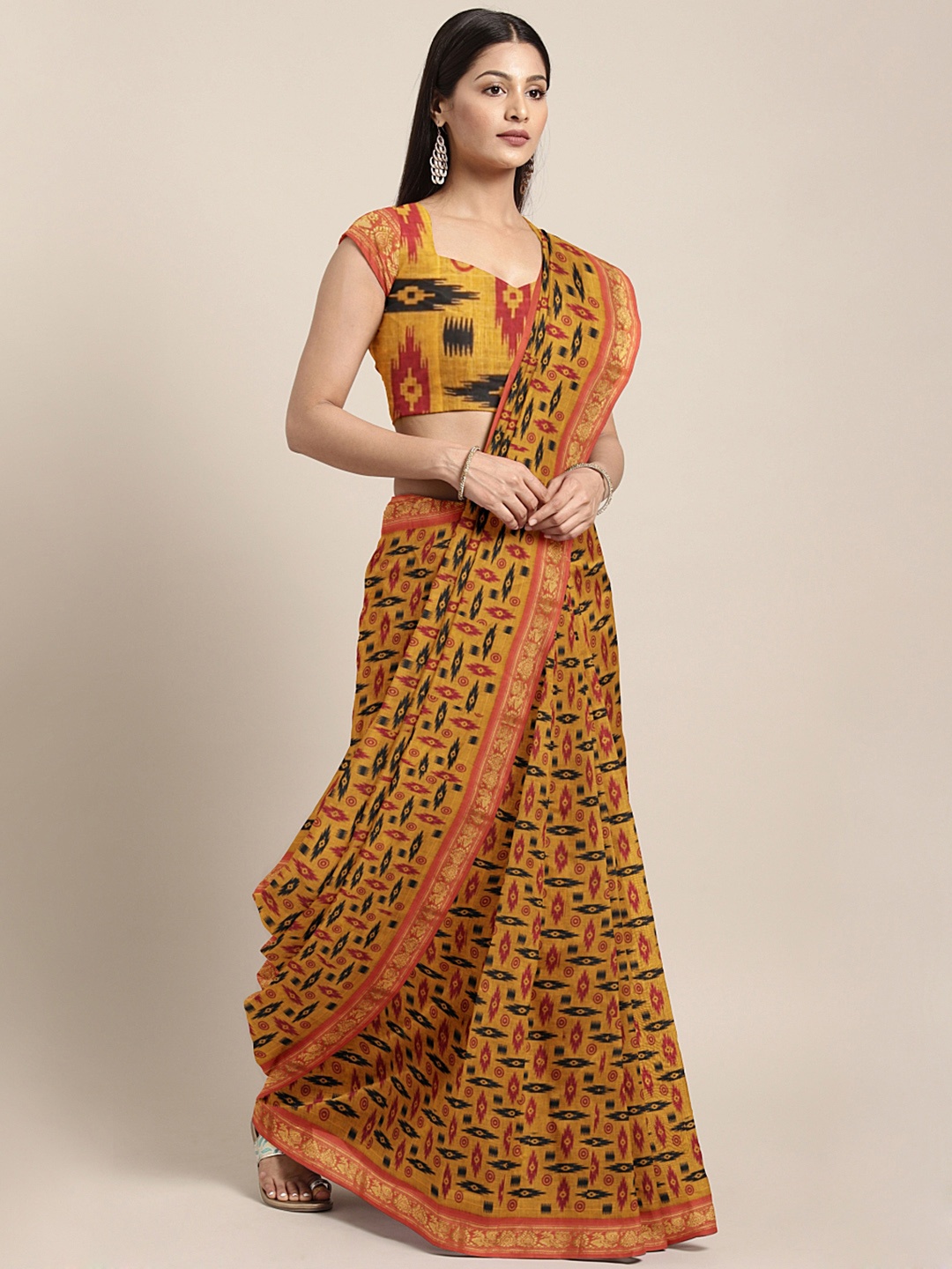 

KALINI Kalamkari Zari Pure Cotton Venkatgiri Saree, Gold