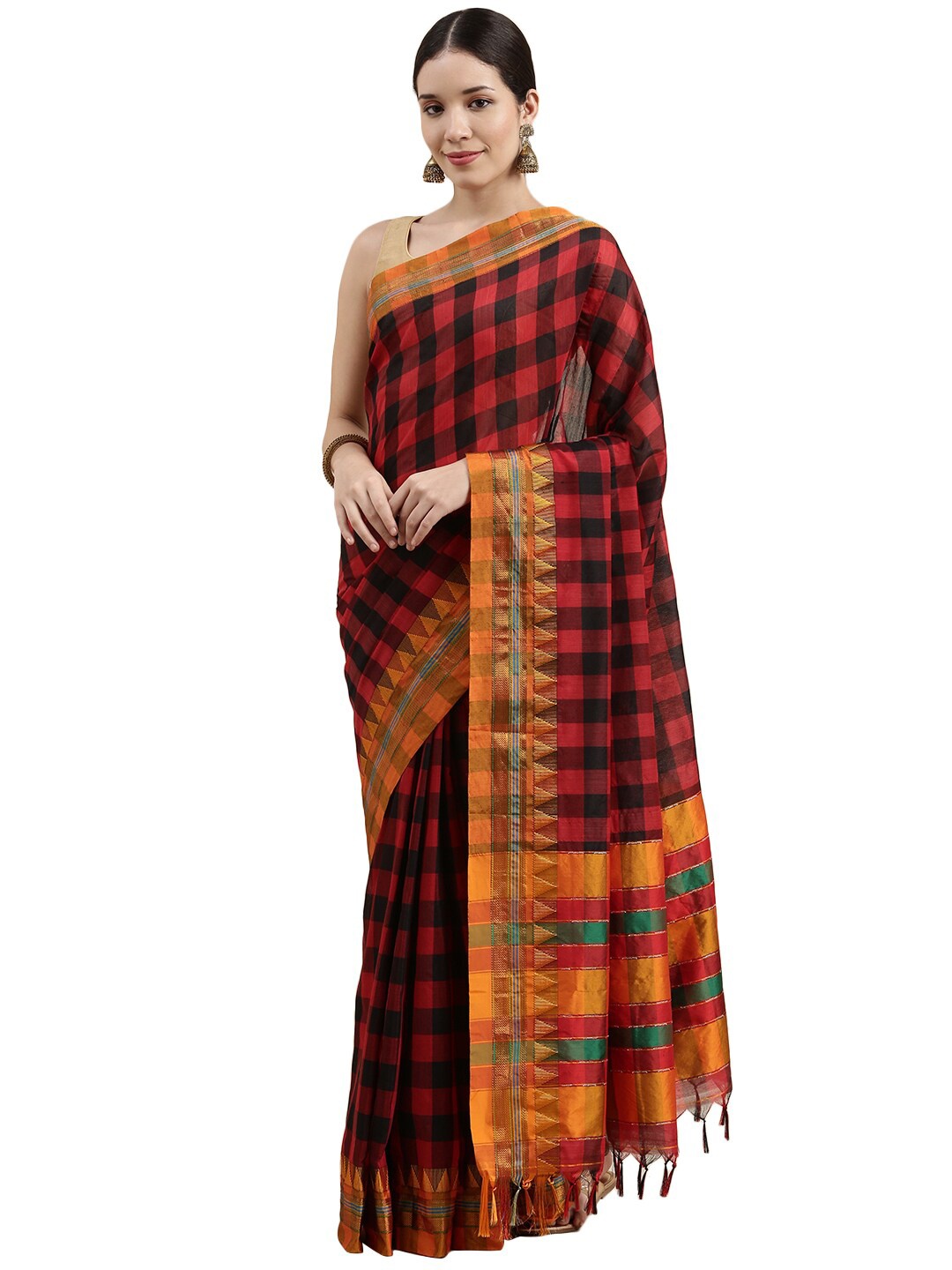 KALINI Checked Silk Cotton Dharmavaram Saree, Red