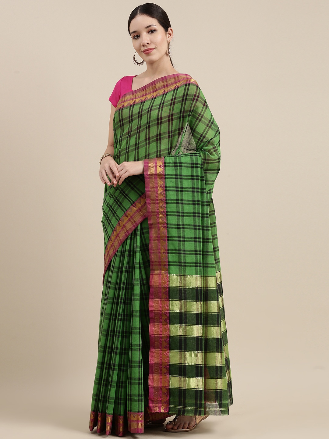 

KALINI Checked Zari Pure Cotton Dharmavaram Saree, Green