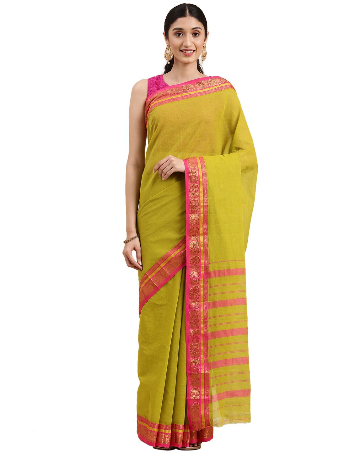 

KALINI Zari Pure Cotton Chanderi Saree, Green