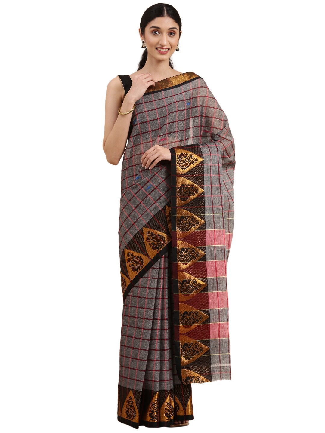 

KALINI Checked Zari Pure Cotton Narayan Peth Saree, Grey