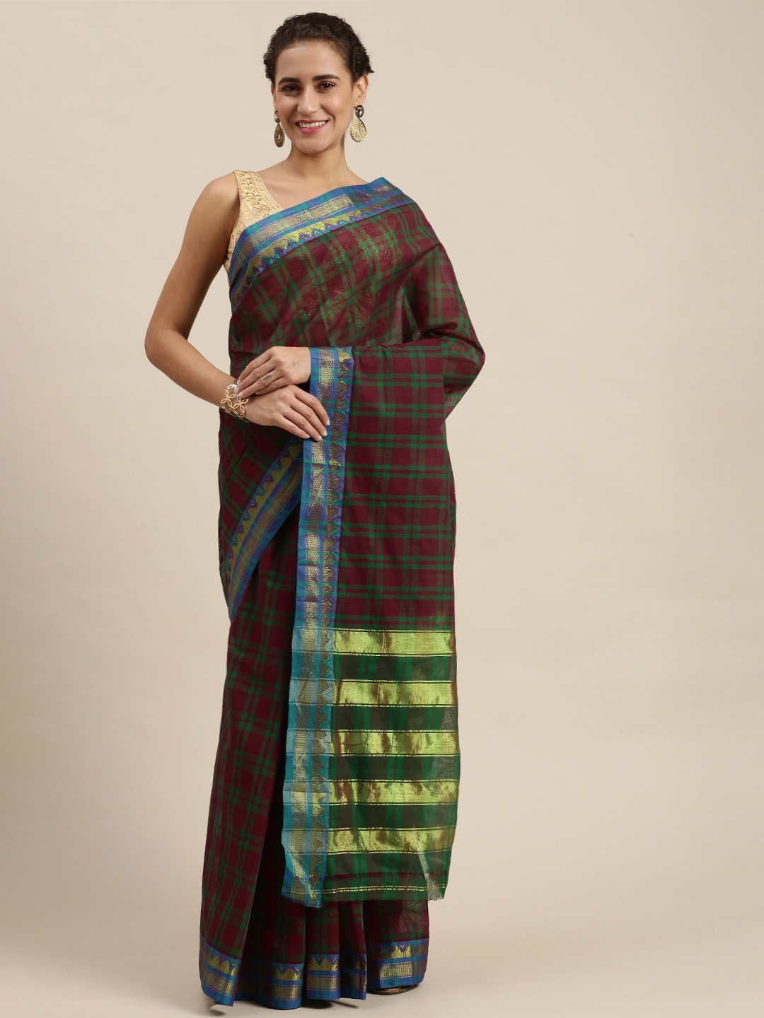 

KALINI Checked Zari Pure Cotton Dharmavaram Saree, Maroon