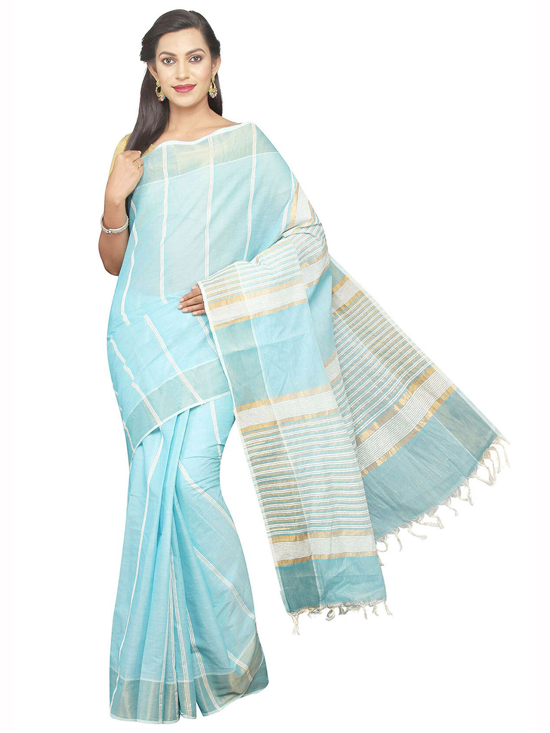

KALINI Striped Pure Cotton Gadwal Saree, Blue