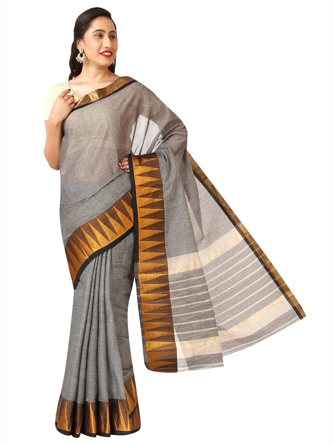 

KALINI Zari Pure Cotton Venkatgiri Saree, Grey