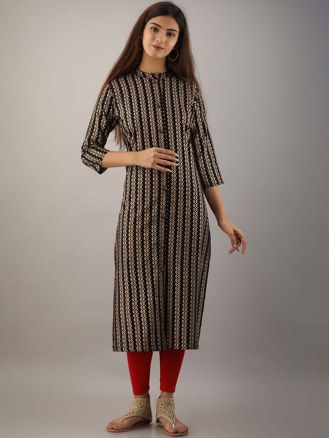 

KALINI Women Striped Mandarine Collar Kurta, Black