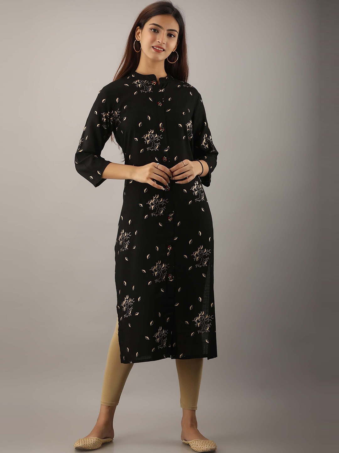 

KALINI Women Floral Printed Mandarine Collar Kurta, Black