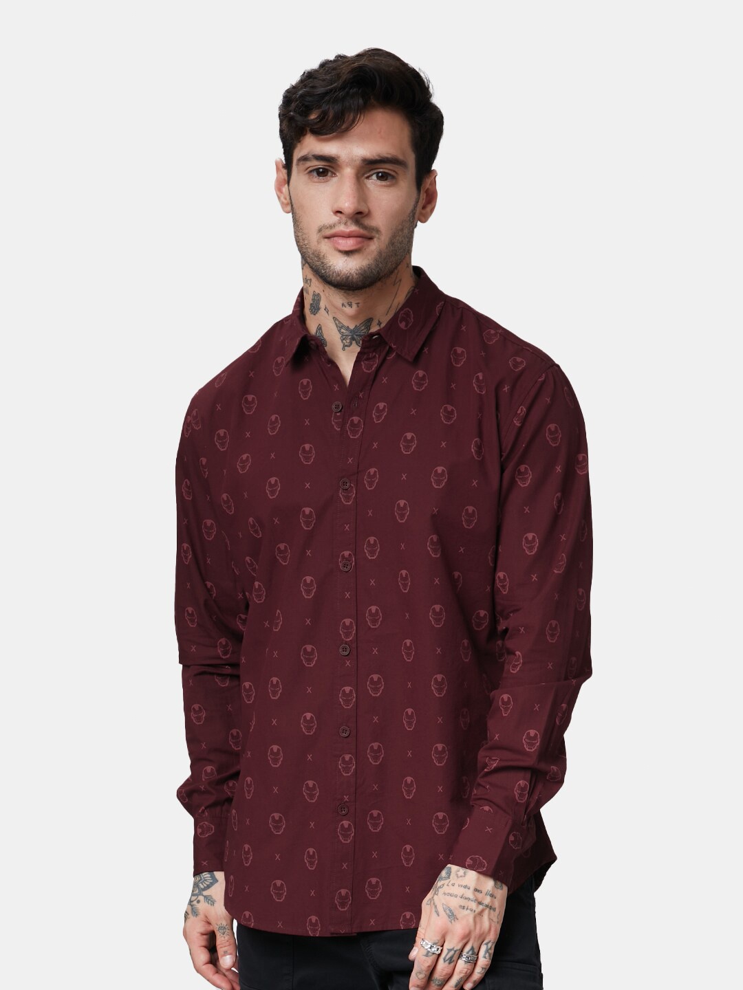 The Souled Store Men Printed Casual Cotton Shirt, Burgundy