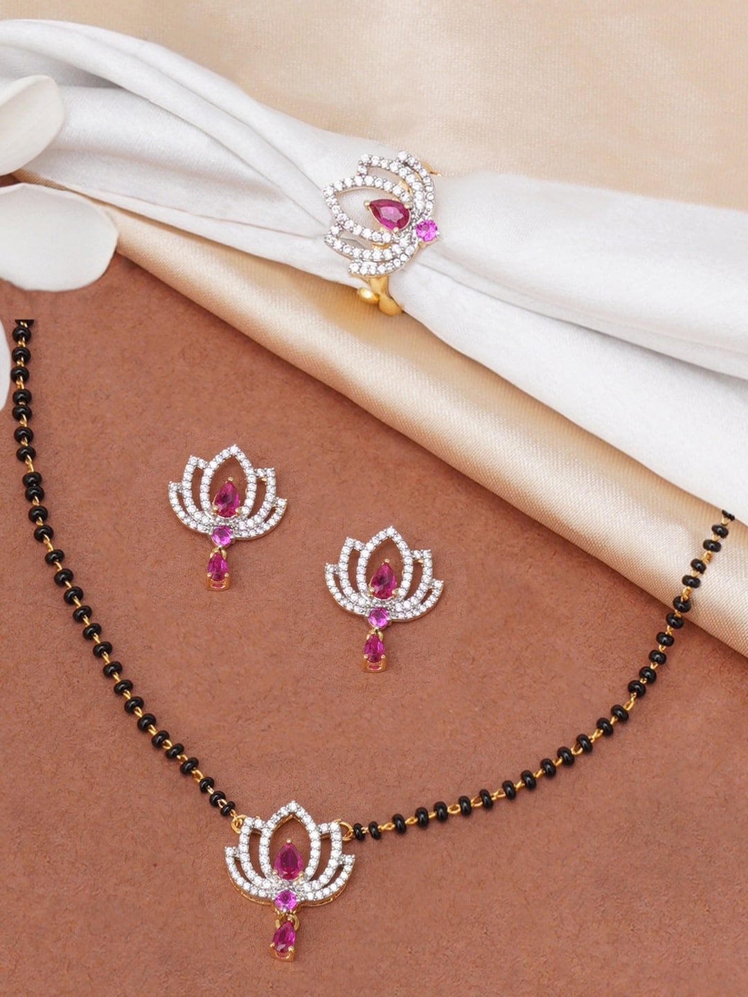 

Voylla Gold-Plated Beaded & CZ Studded Mangalsutra Set, Silver