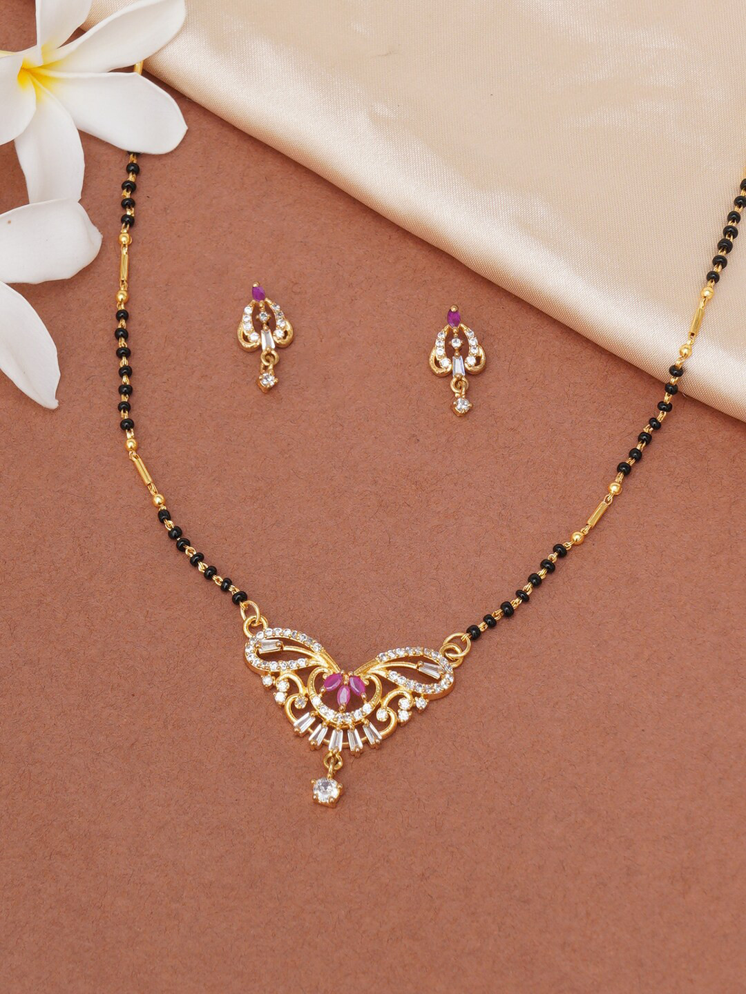 

Voylla Gold Plated Stone Studded & Beaded Mangalsutra With Earrings