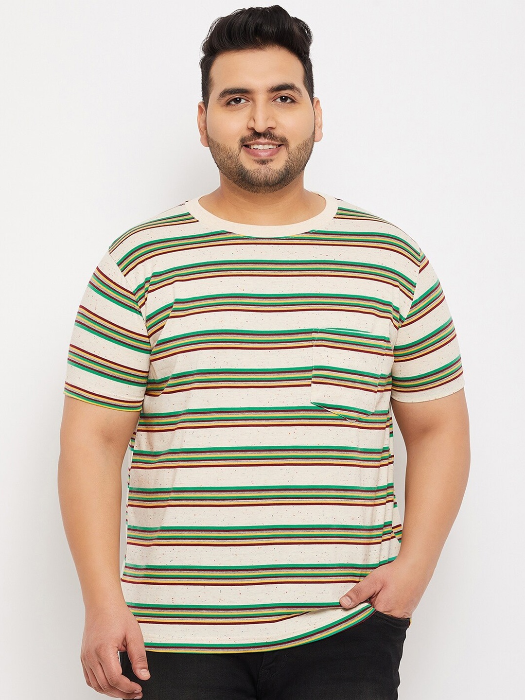 

bigbanana Men Plus Size Striped Pure Cotton Bio Finish T-shirt, Green