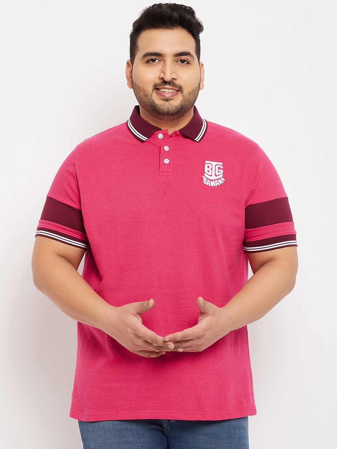 

bigbanana Men Plus Size Polo Collar Bio Finish T-shirt, Magenta