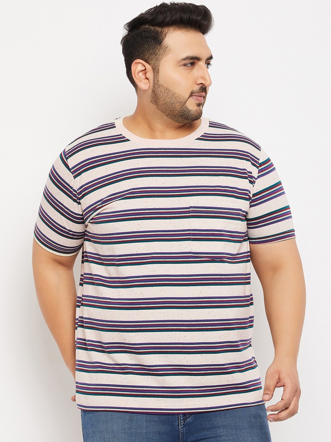 

bigbanana Men Plus Size Striped Pure Cotton Bio Finish T-shirt, Off white