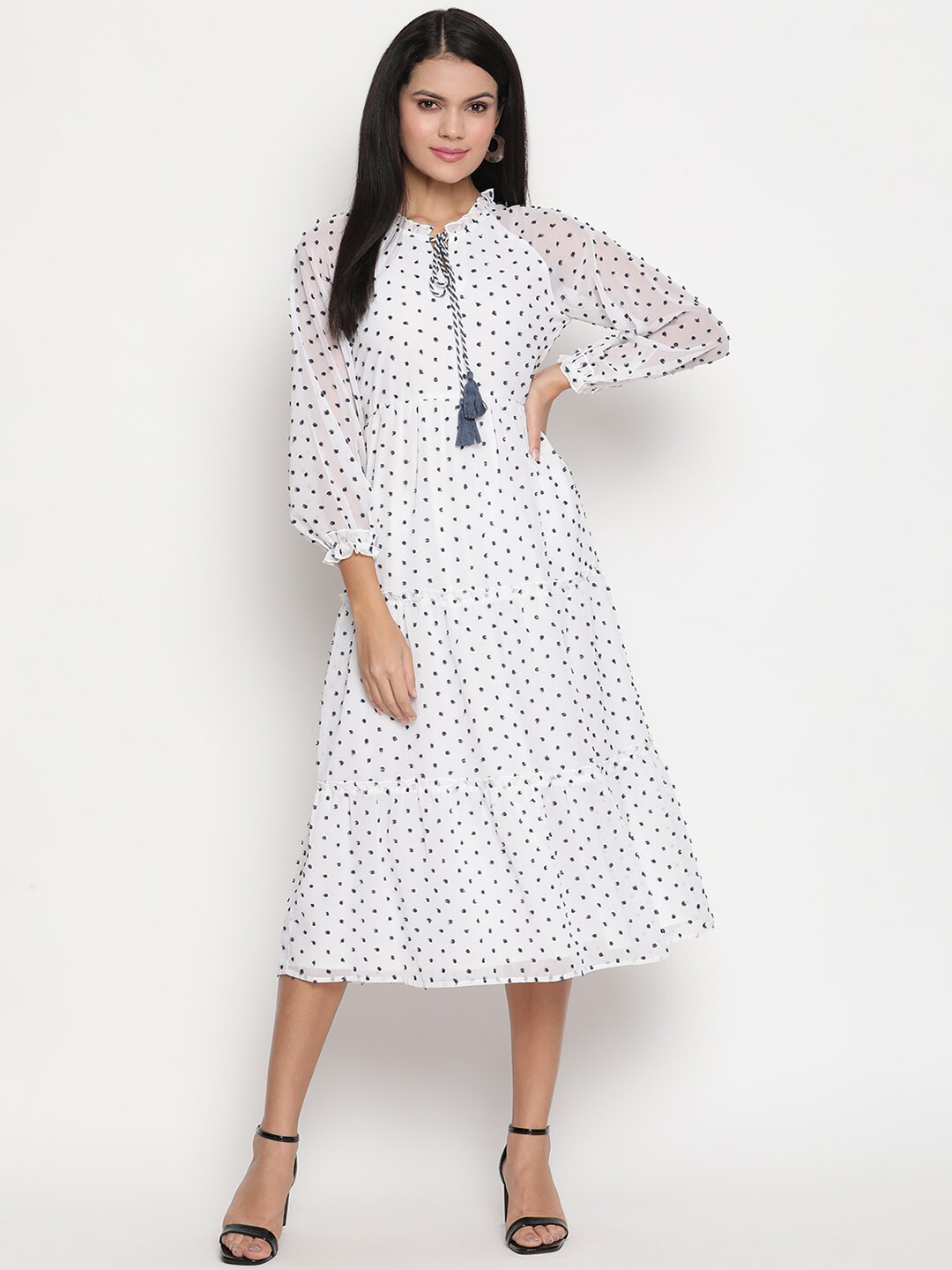 

HOUSE OF KKARMA Tie-Up Neck A-Line Cotton Midi Dress, White