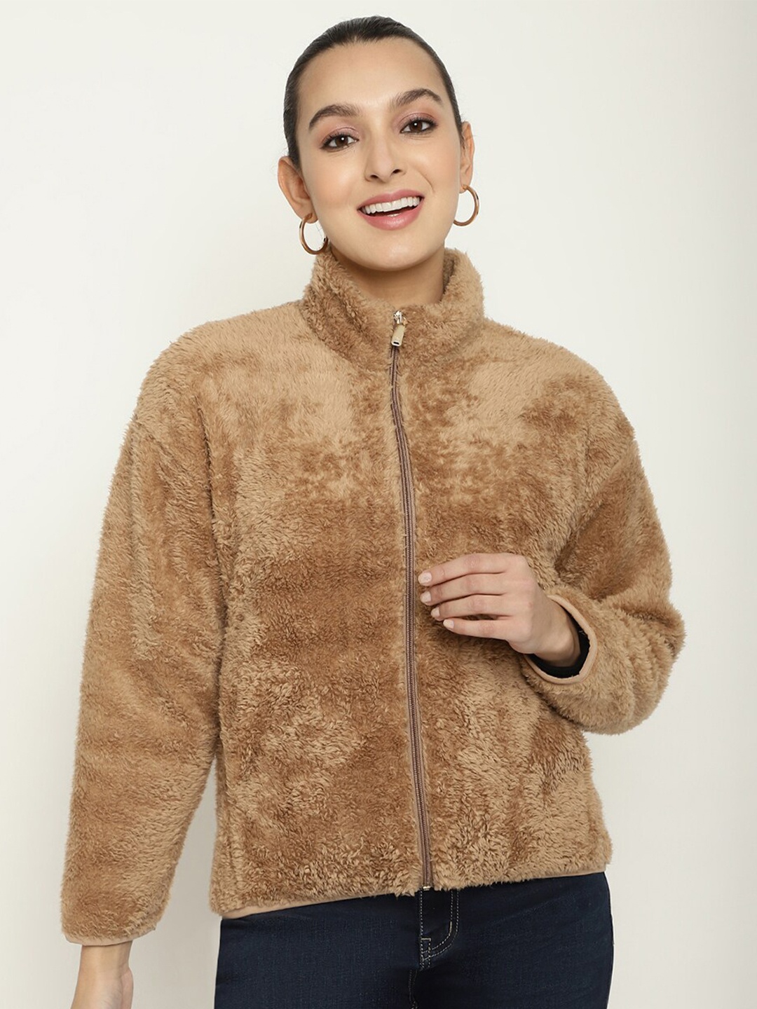 METTLE Women Mock Collar Sweatshirt, Brown