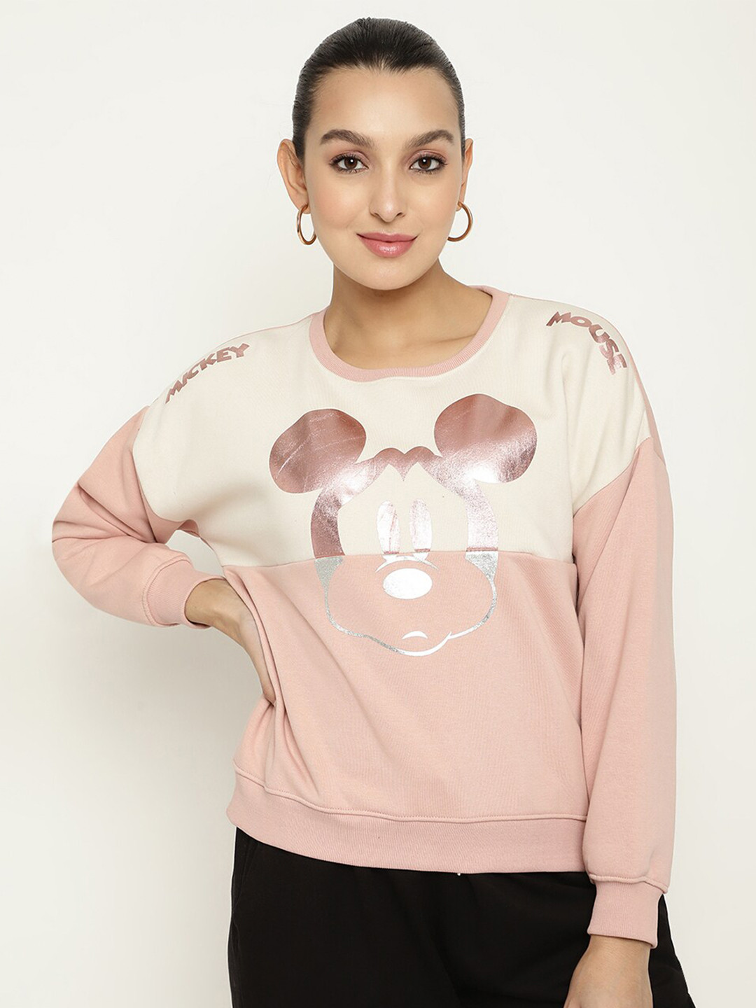 

METTLE Women Mickey Mouse Printed Fleece Sweatshirt, Peach
