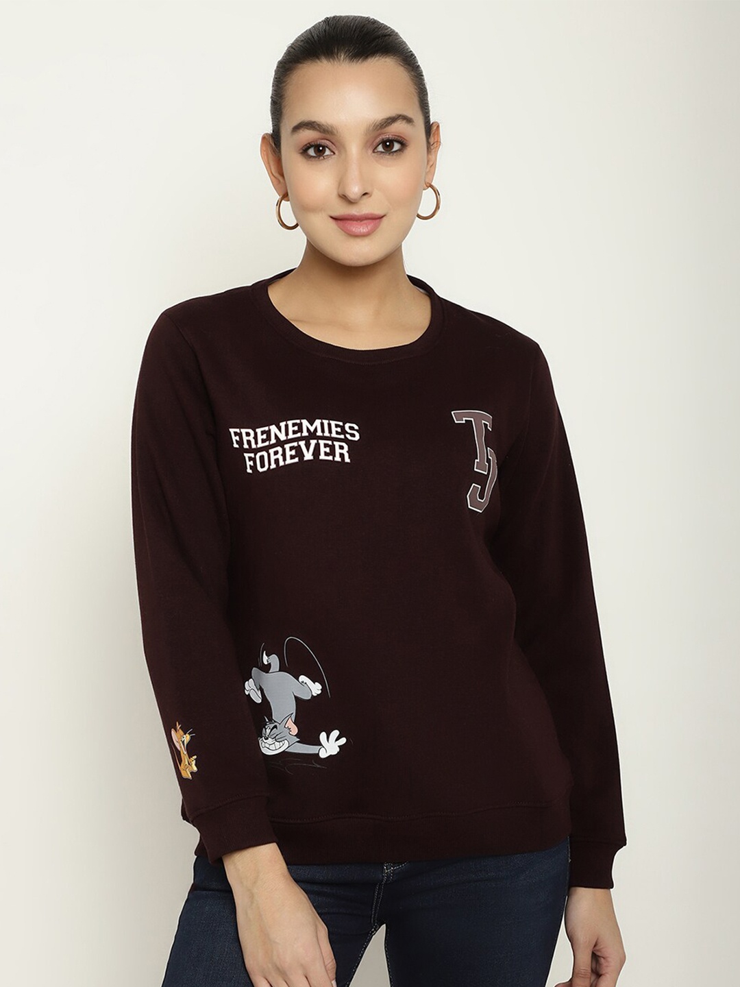 

METTLE Women Tom & Jerry Printed Fleece Round Neck Sweatshirt, Burgundy
