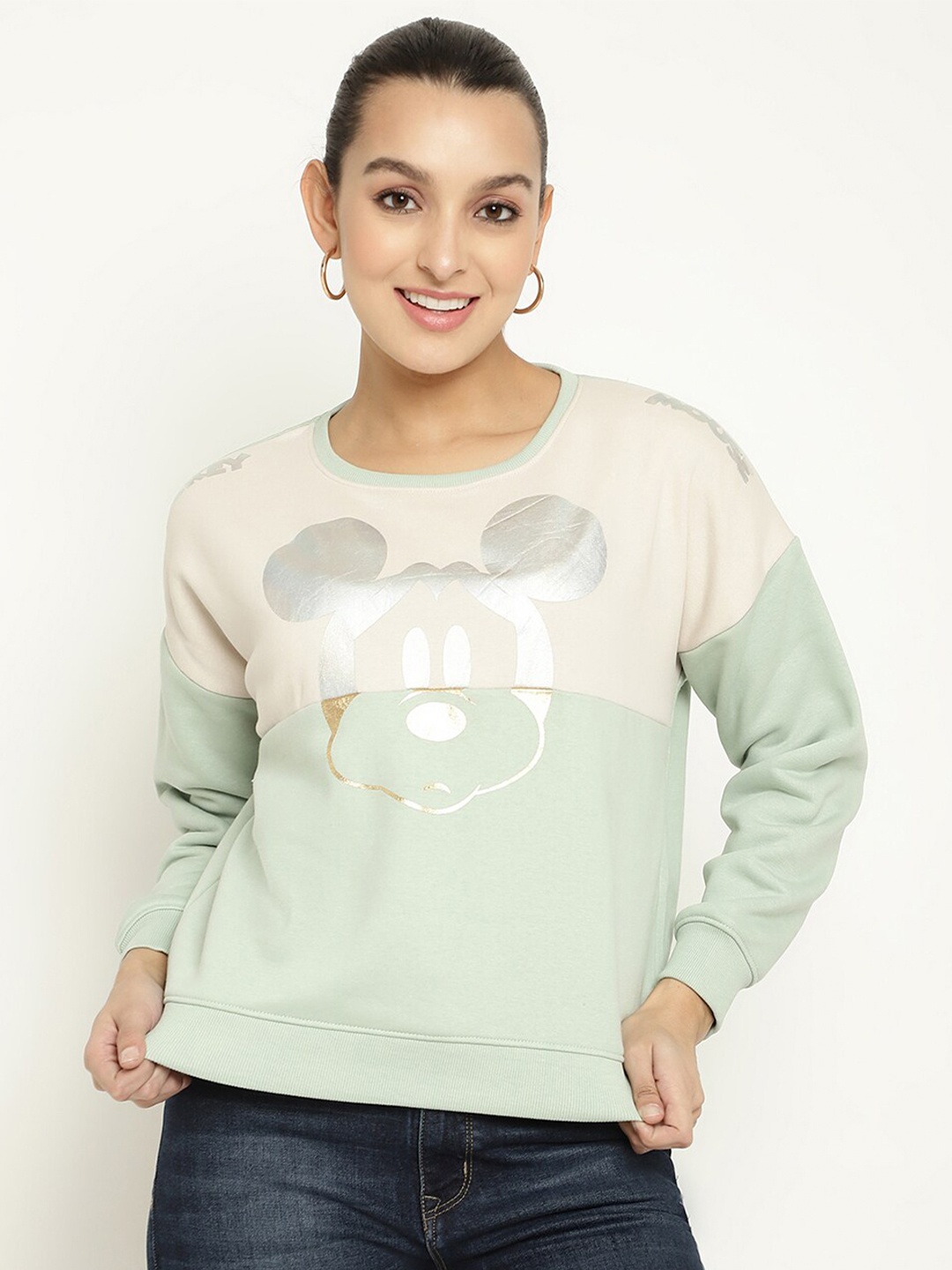 

METTLE Women Printed Fleece Sweatshirt, Green