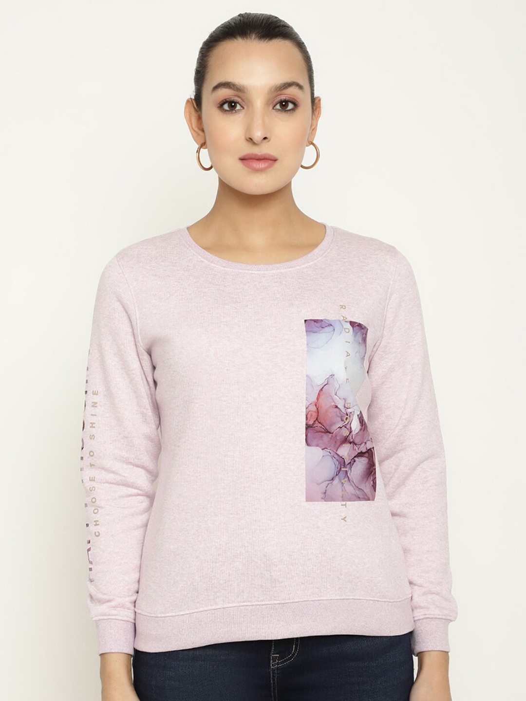 METTLE Women Printed Fleece Sweatshirt, Purple