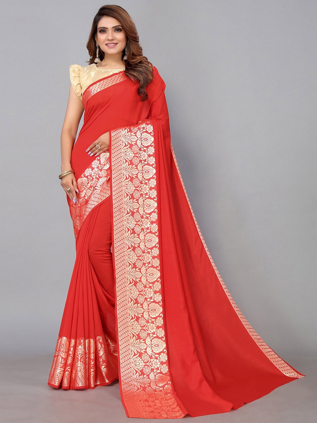 

KALINI Zari Silk Blend Saree, Red