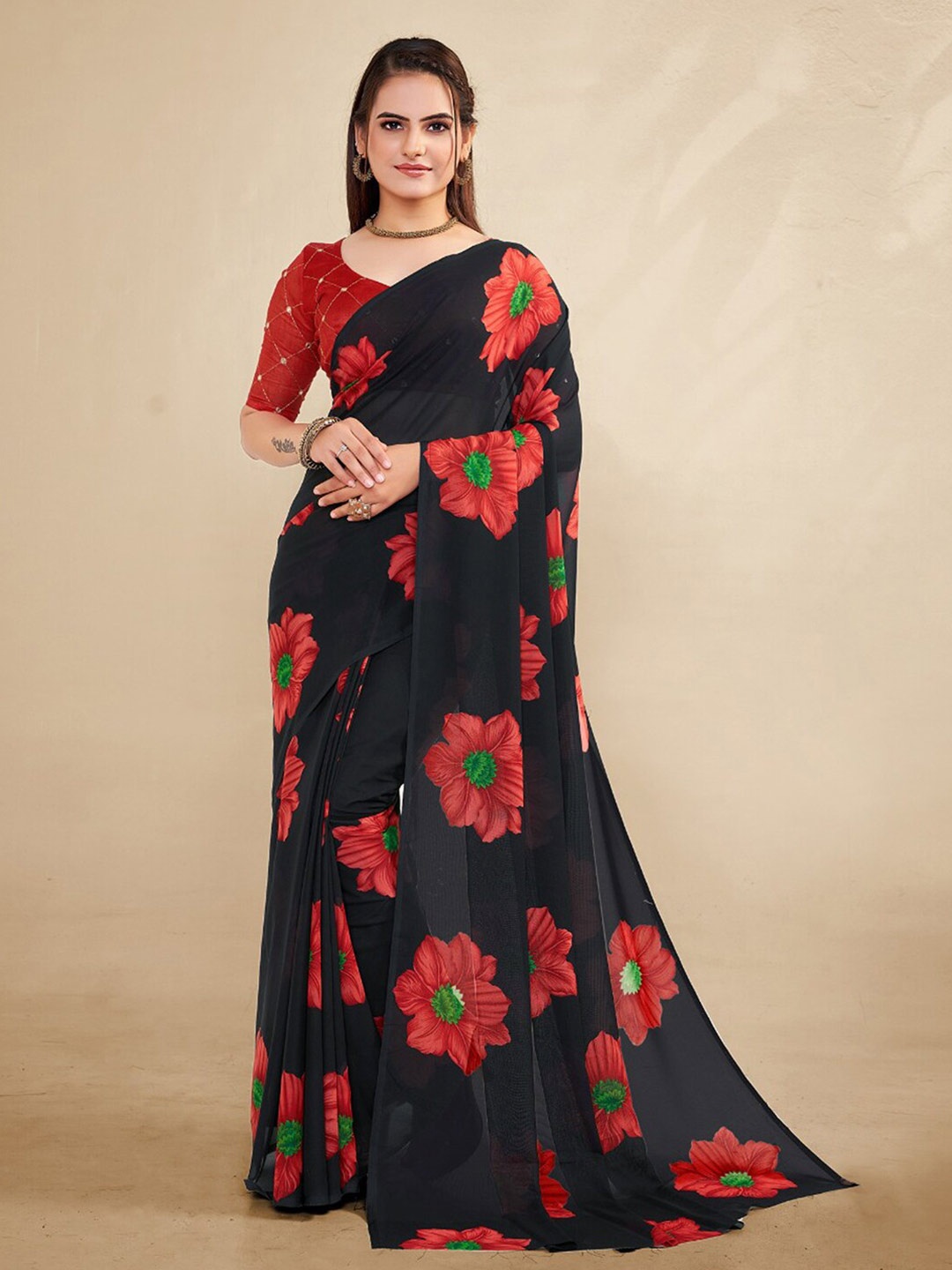 

KALINI Floral Saree, Black