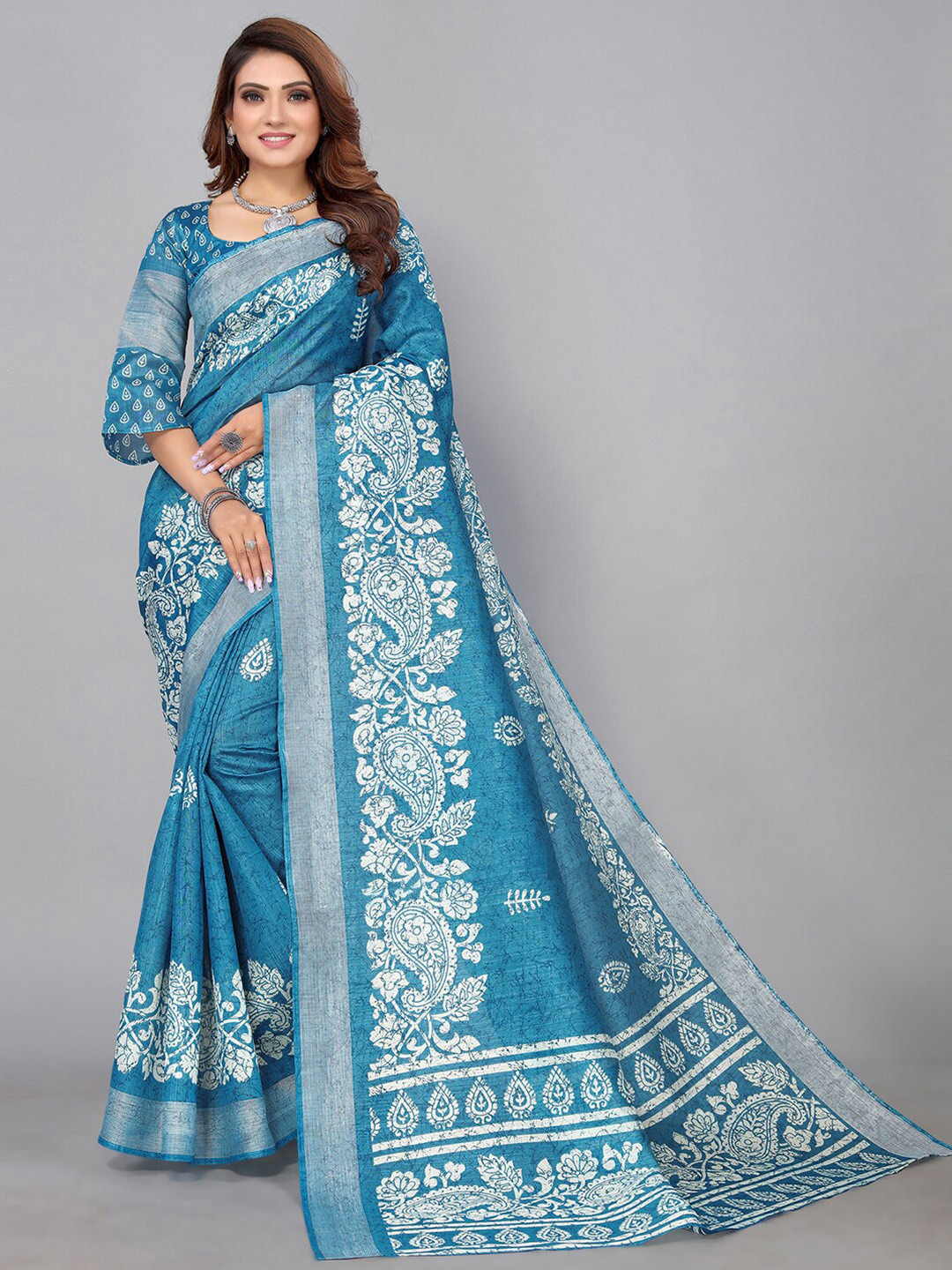 

KALINI Floral Zari Saree, Blue