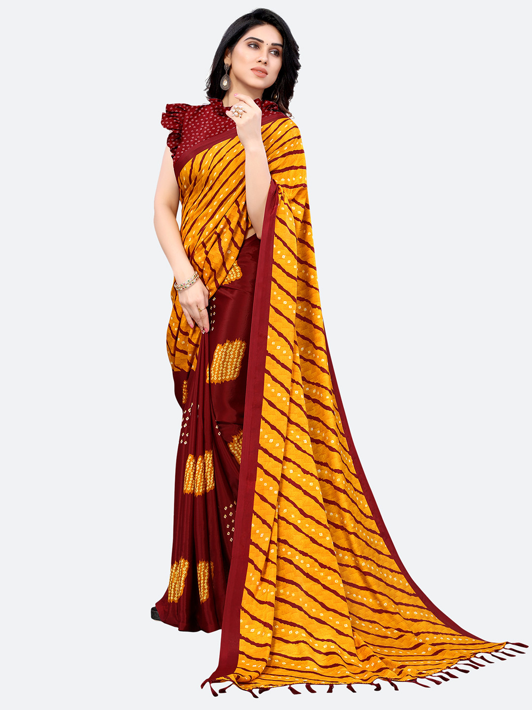 

KALINI Bandhani Silk Blend Bandhani Saree, Mustard