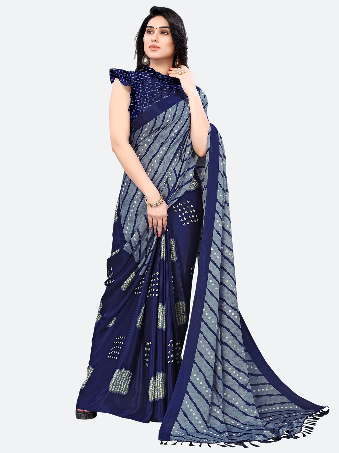 

KALINI Bandhani Silk Blend Bandhani Saree, Grey