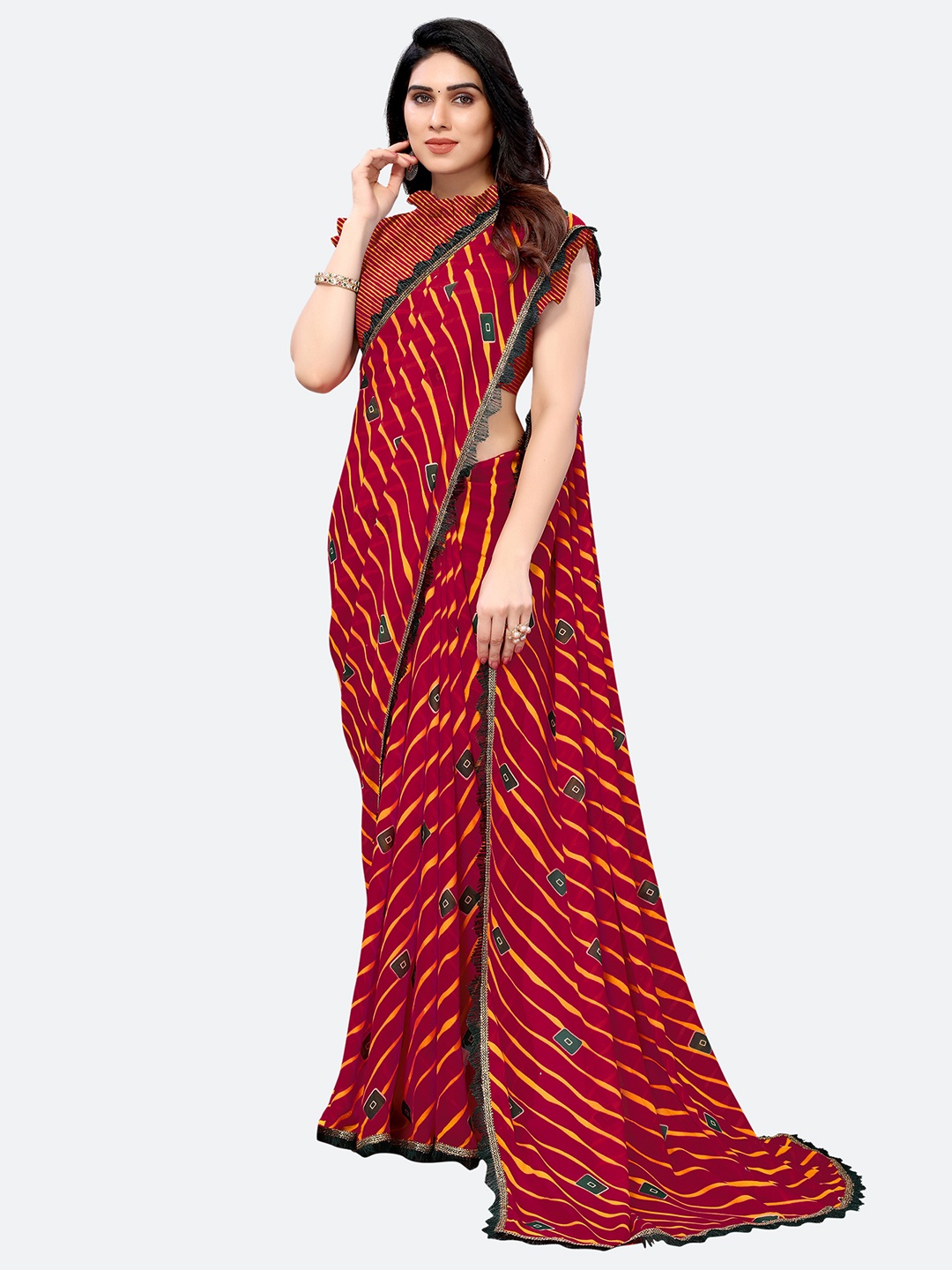 

KALINI Poly Georgette Leheriya Saree, Red