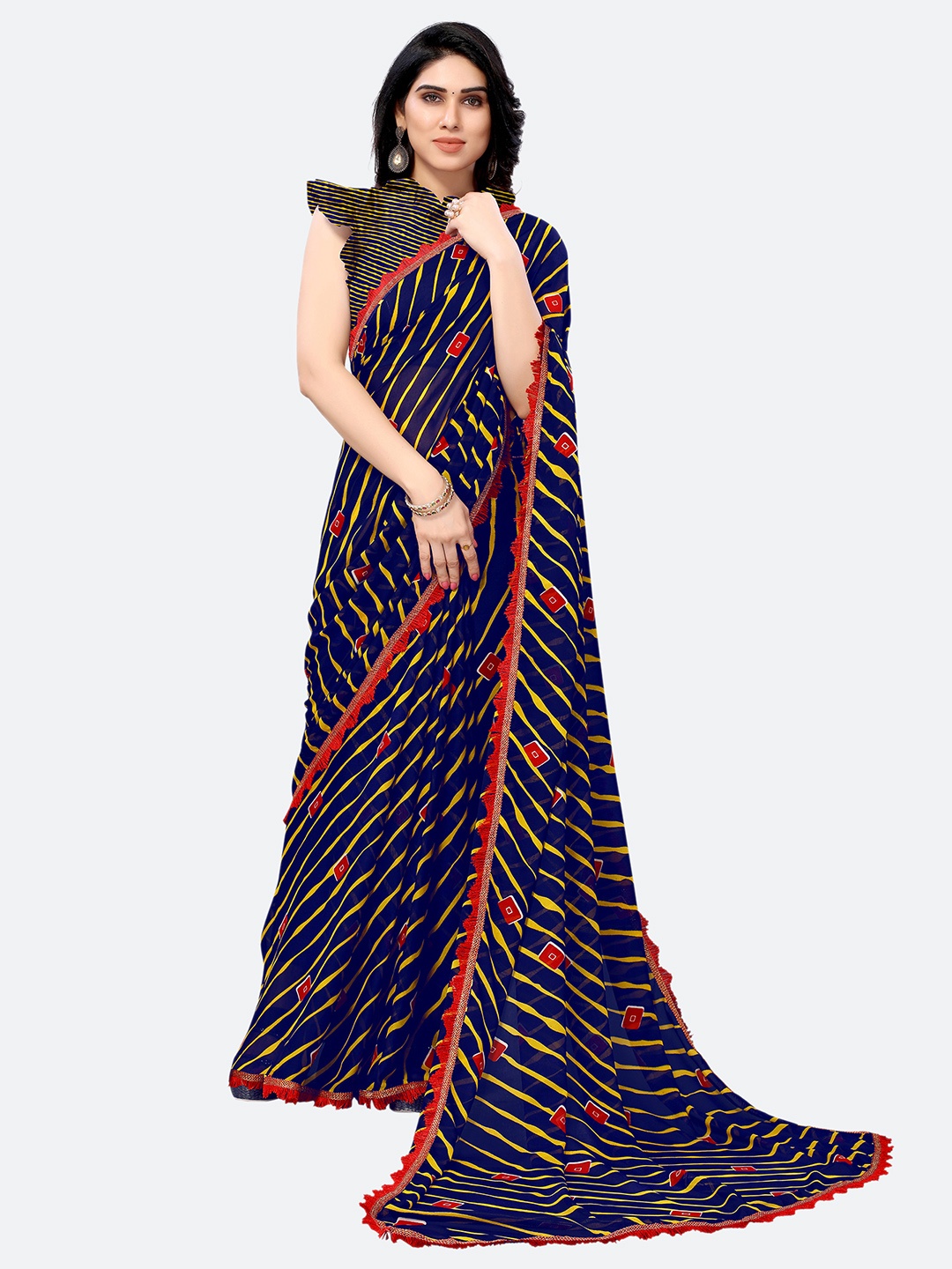 

KALINI Navy Poly Georgette Leheriya Saree, Navy blue