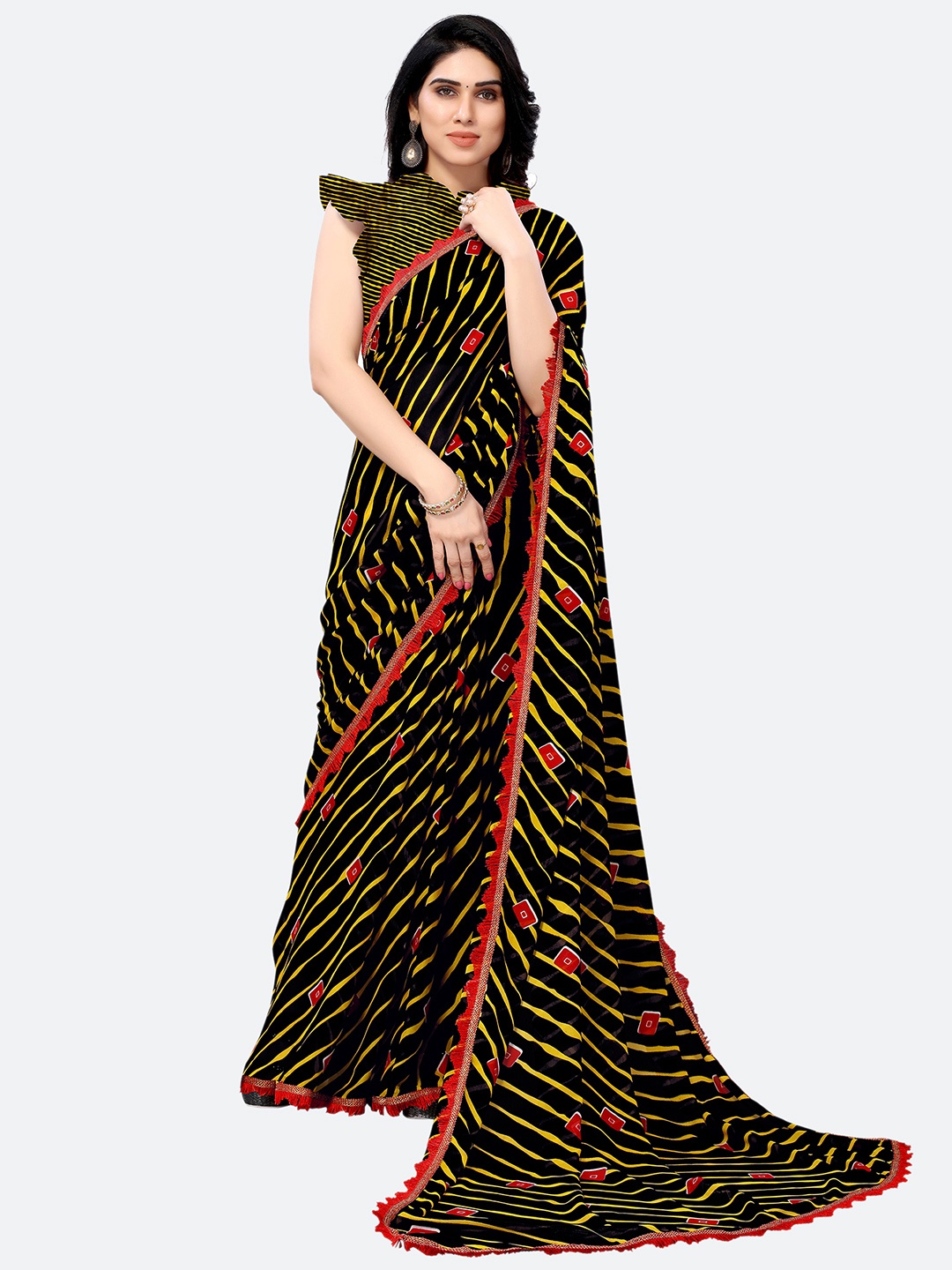 

KALINI Poly Georgette Leheriya Saree, Black