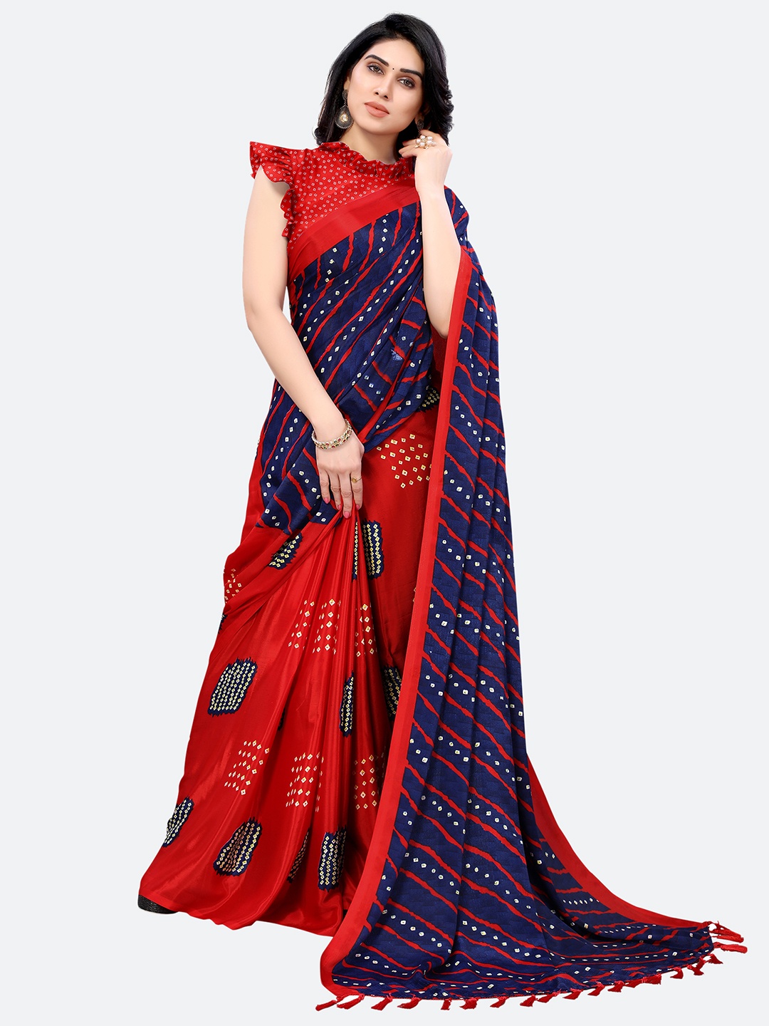 

KALINI Blend Bandhani Saree, Navy blue