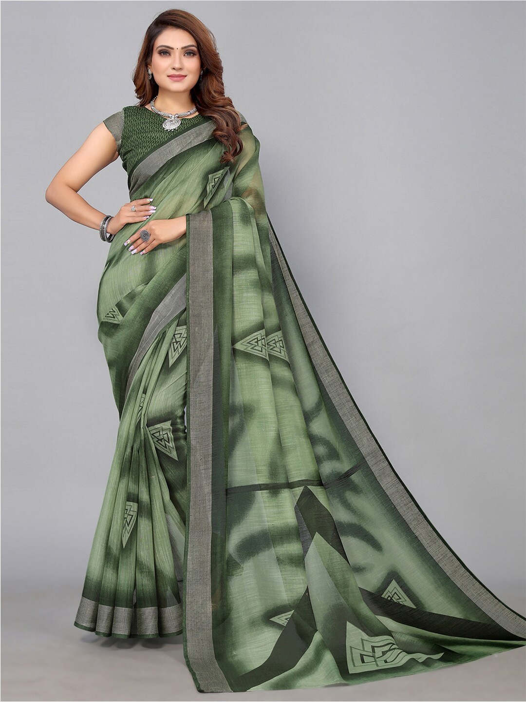 

KALINI Printed Polycotton Saree, Green