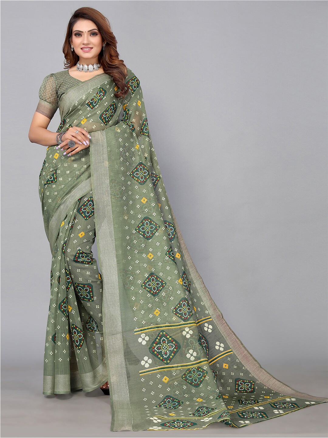 

KALINI Printed Bandhani Polycotton Saree, Green