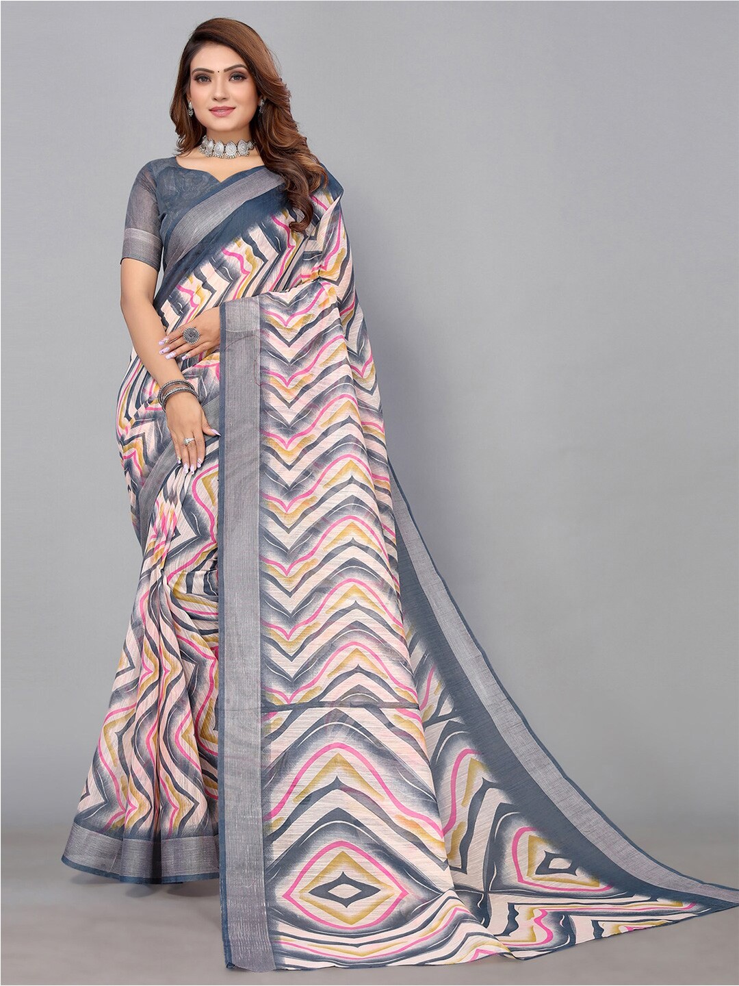 

KALINI Zari Leheriya Polycotton Saree, Grey