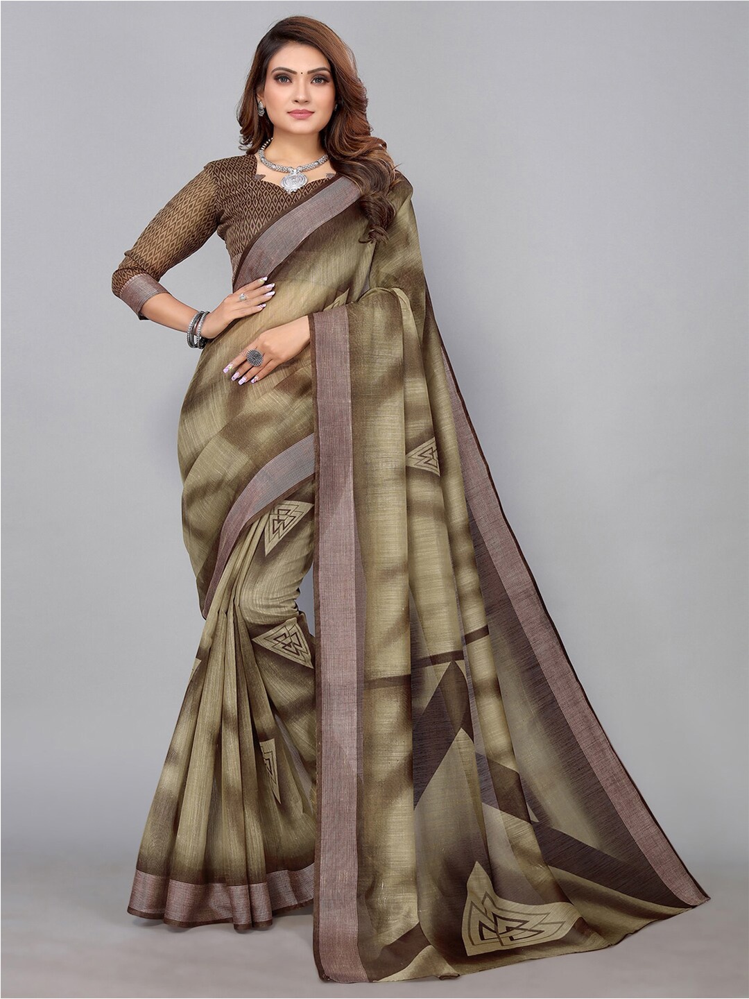 

KALINI Polycotton Geometric Printed Saree, Brown