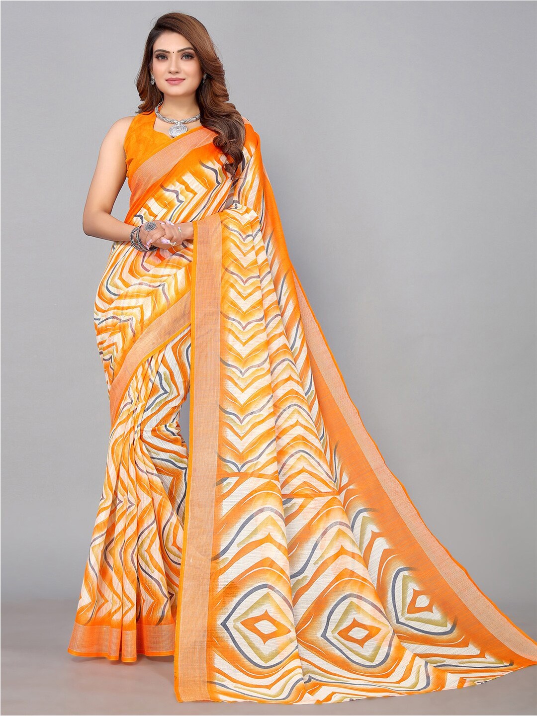 

KALINI Zari Leheriya Saree, Orange
