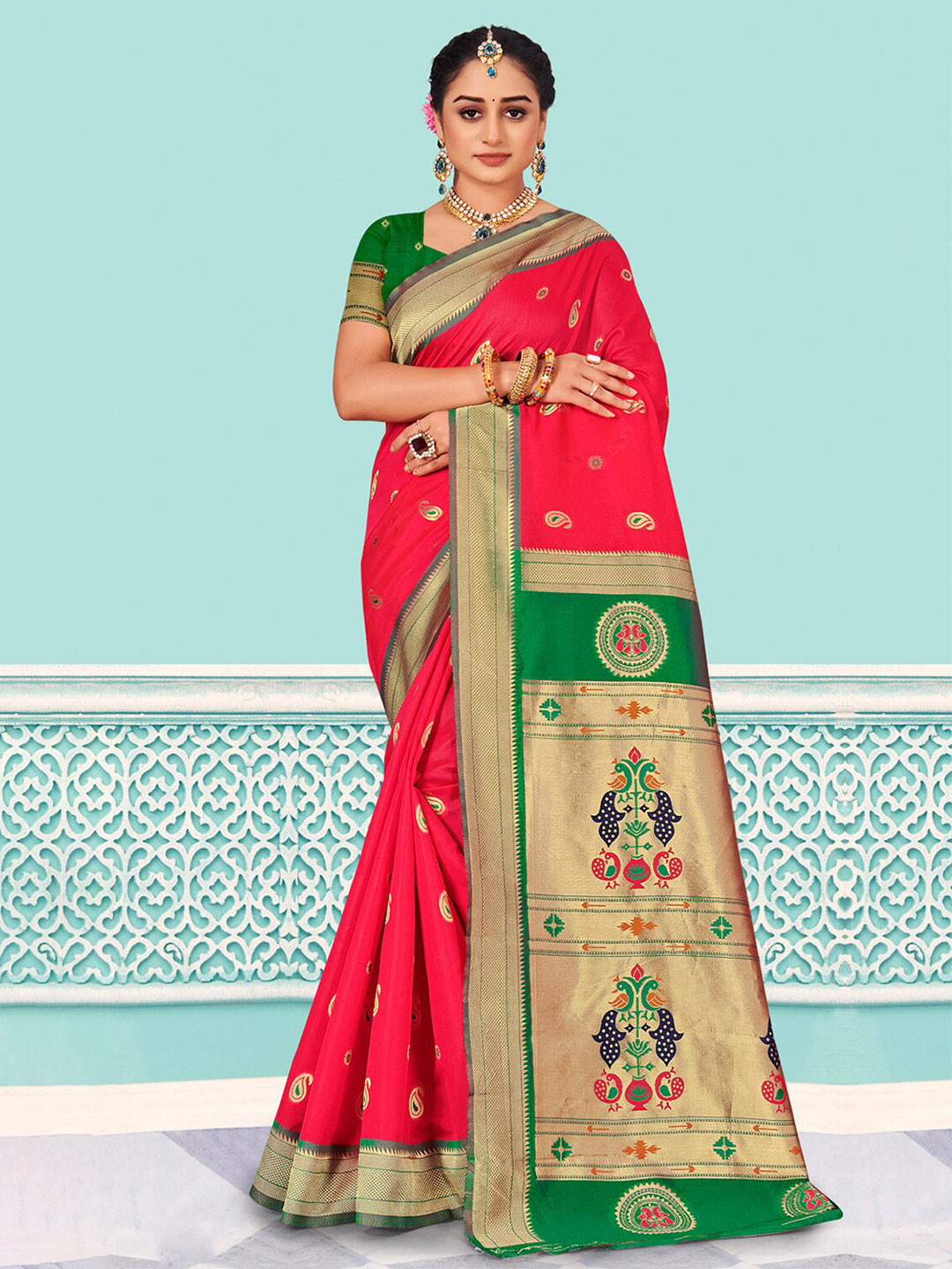 

SANGAM PRINTS Woven Design Zari Silk Blend Saree, Pink