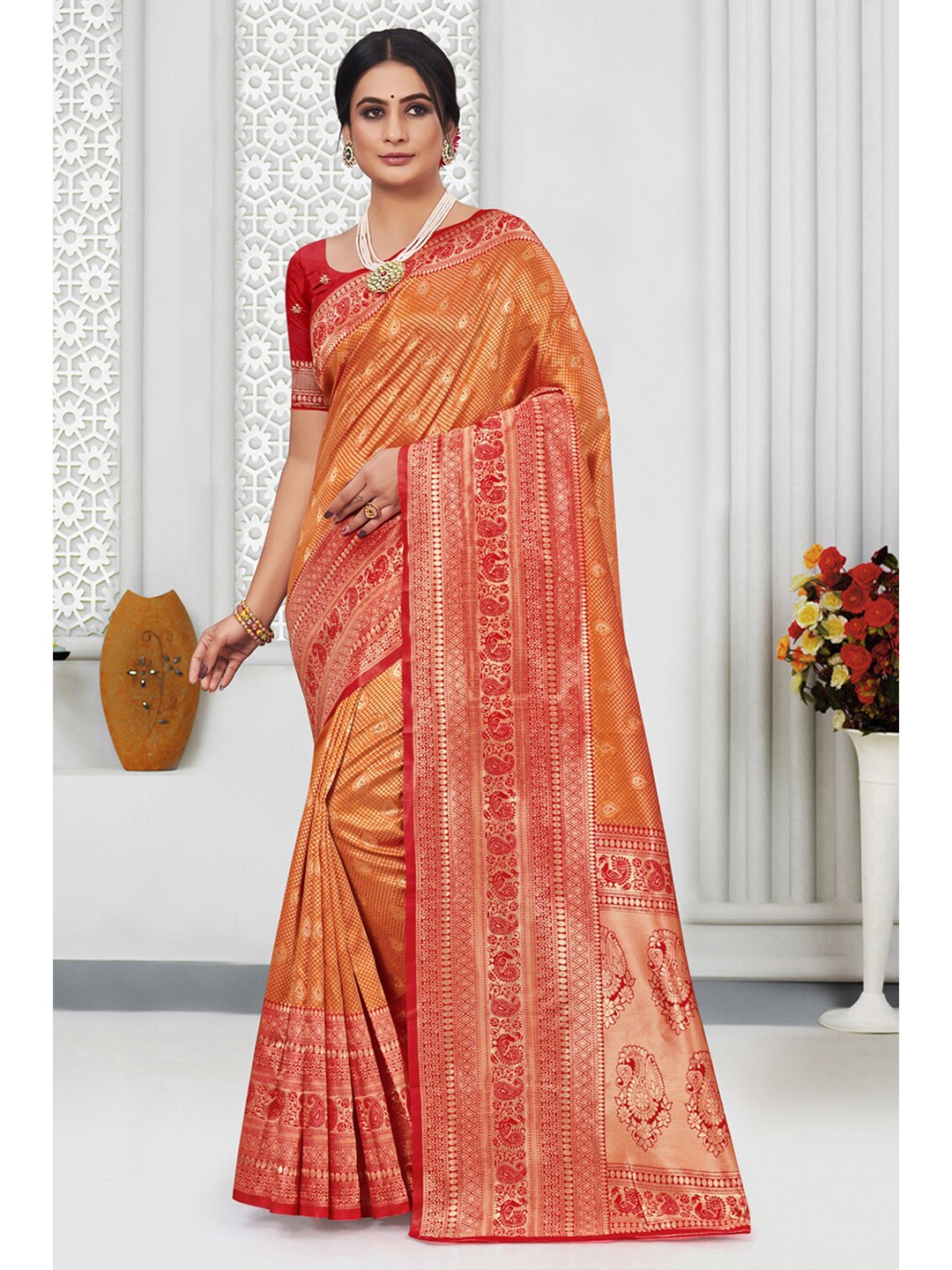 

SANGAM PRINTS Woven Design Zari Silk Blend Saree, Orange